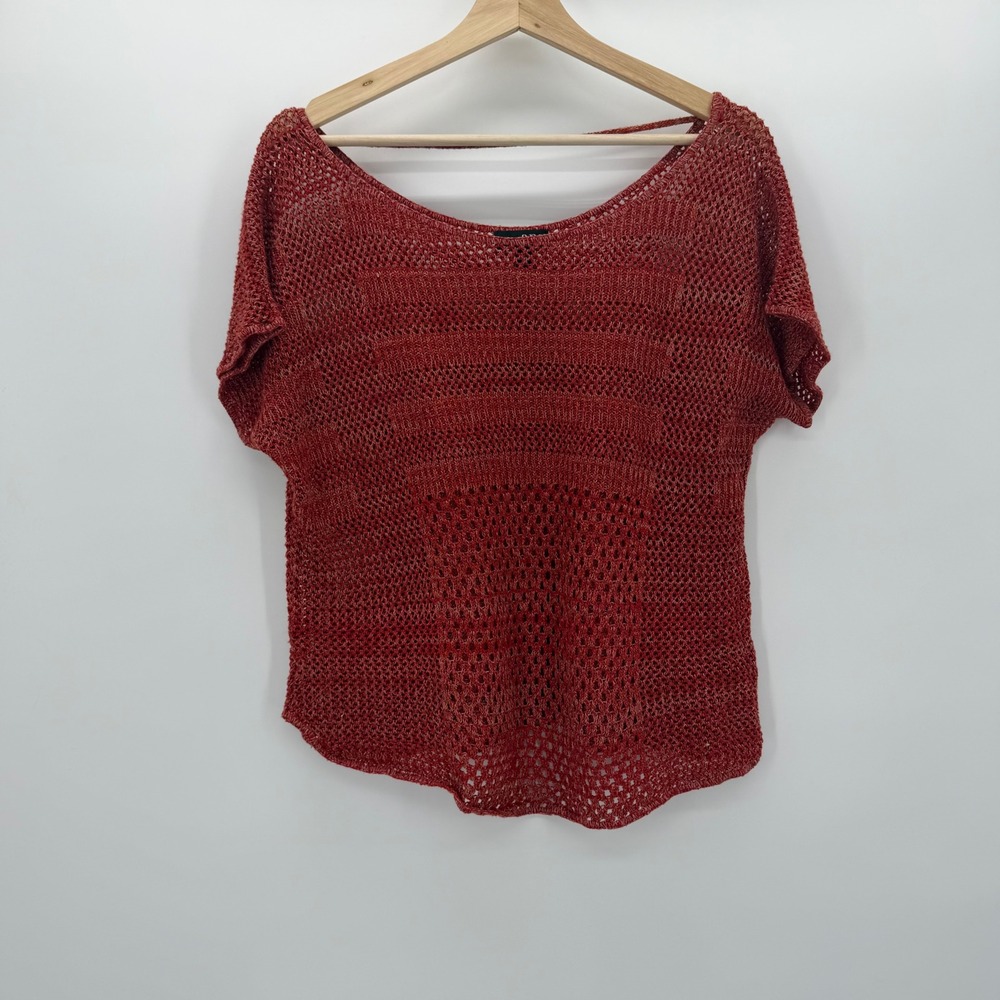 2000s Burnt Orange Open Knit Short Sleeve Sweater Top Large Oversized